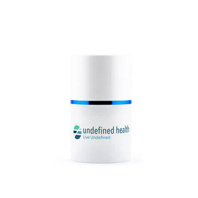 A white jar of prescription strength antiperspirant cream to treat hyperhidrosis with a blue stripe and the brand 'undefined health' printed on the label.