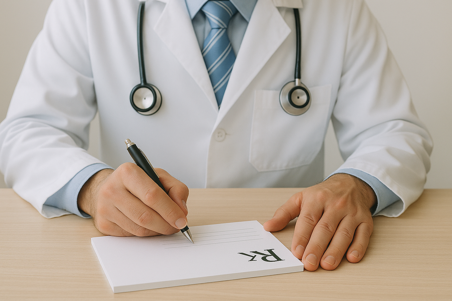 Doctor about to write a prescription for a patient to be filled at Undefined Pharmacy